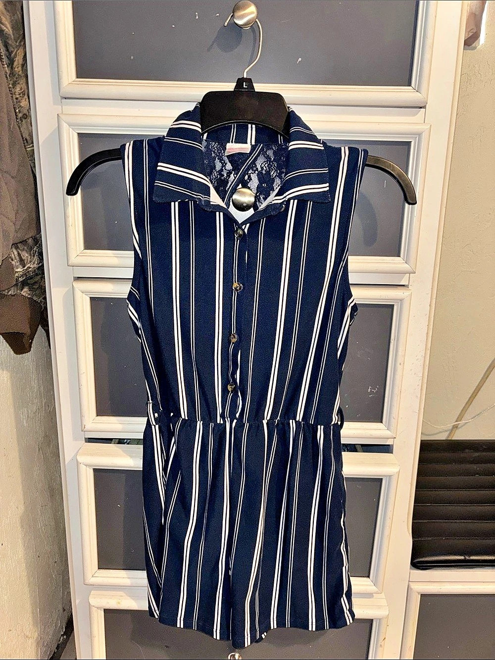 Striped Lace-Back Romper in Blue & White Like New